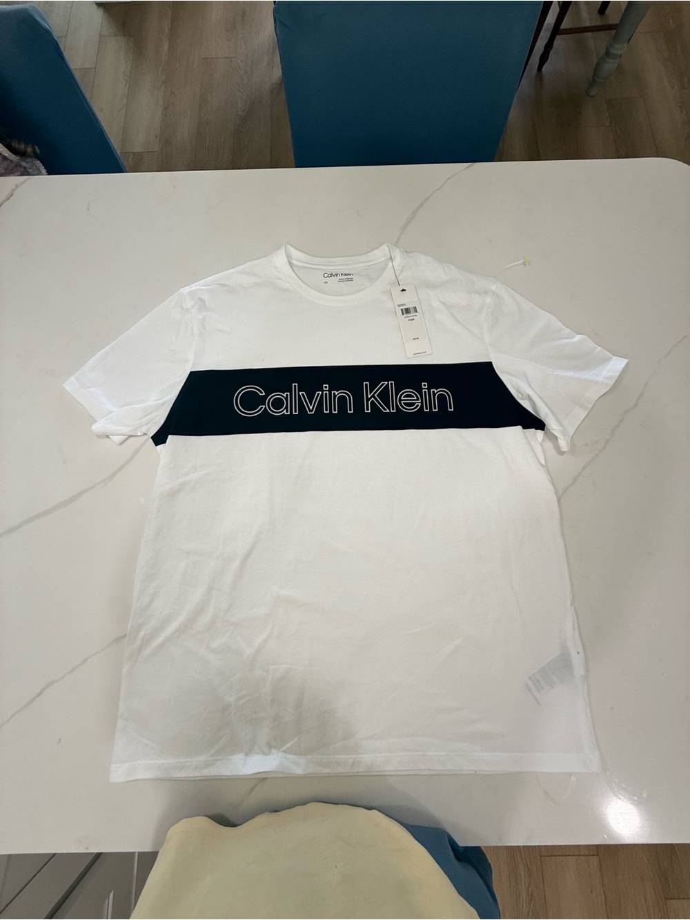 Calvin Klein Men’s White Logo Stripe Crew Neck T-Shirt